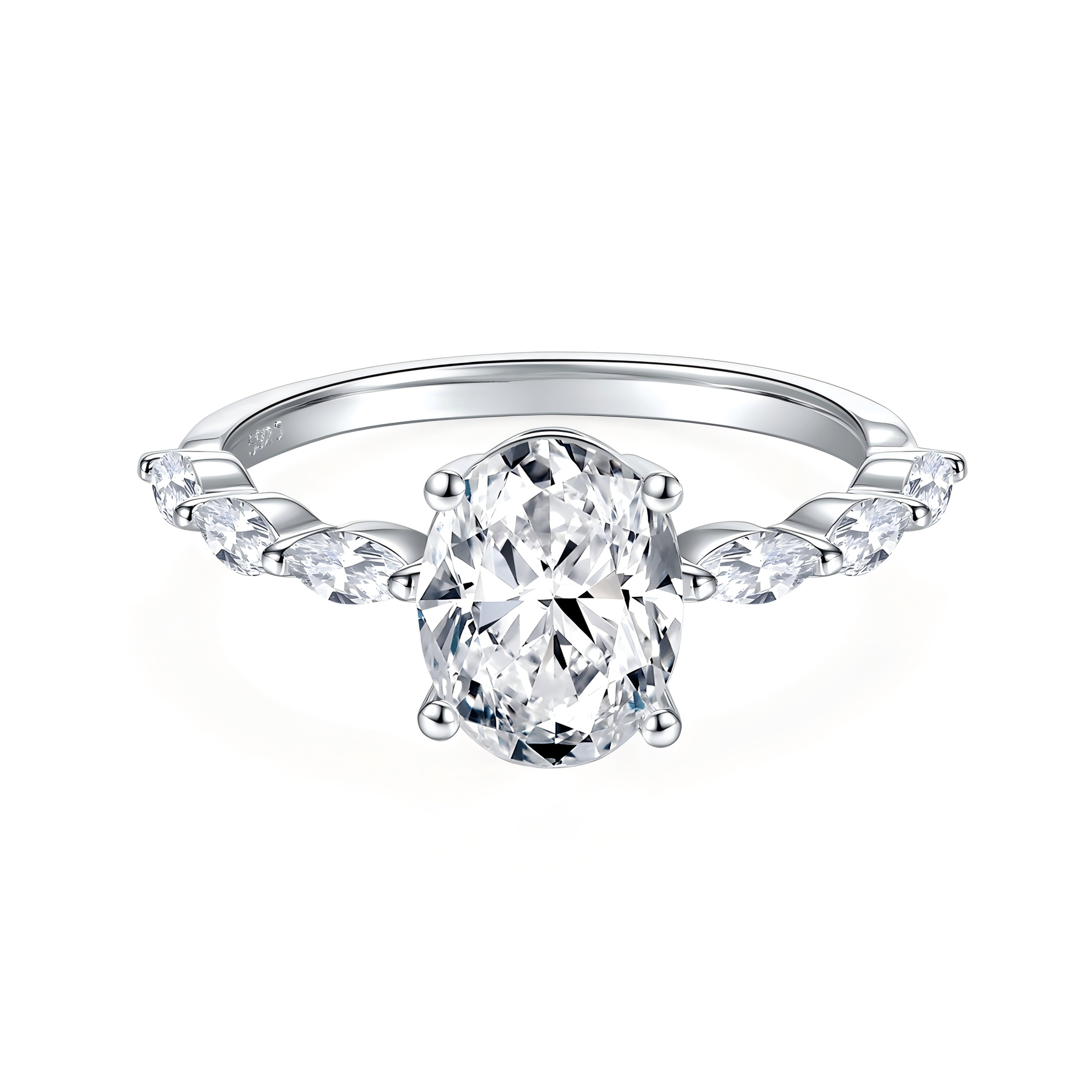 CARISSIE oval moissanite solitaire ring, front view highlighting the large center stone and four-prong setting