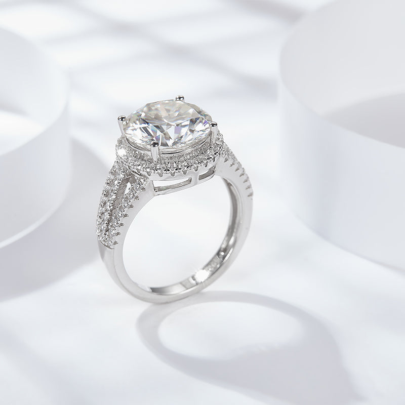 CARISSIE round moissanite pavé ring, side profile revealing intricate openwork shoulders and gallery height