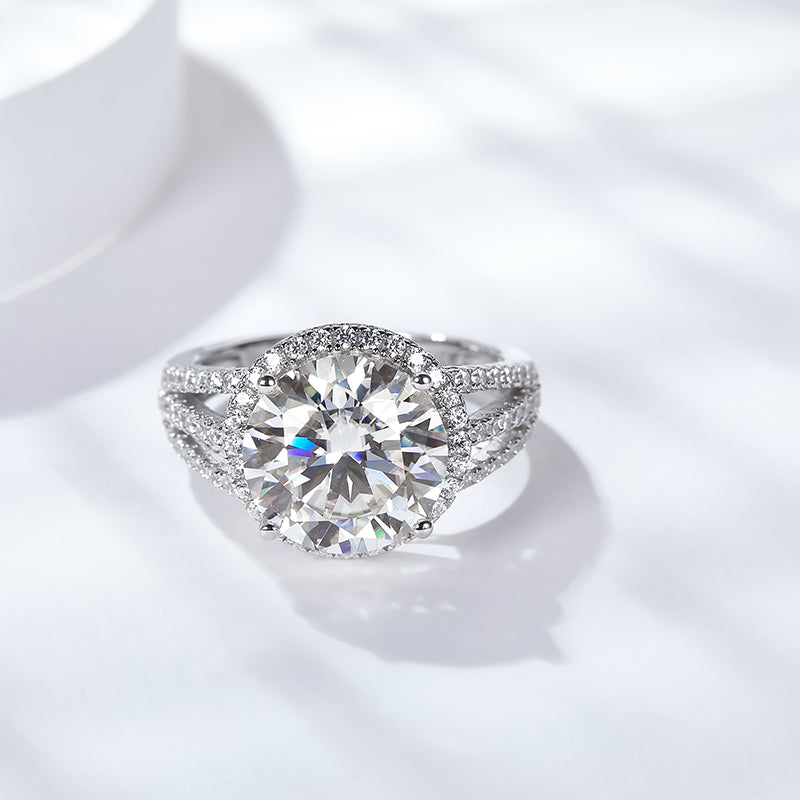 CARISSIE round moissanite pavé ring, top-down angle displaying the full circumference of the double halo