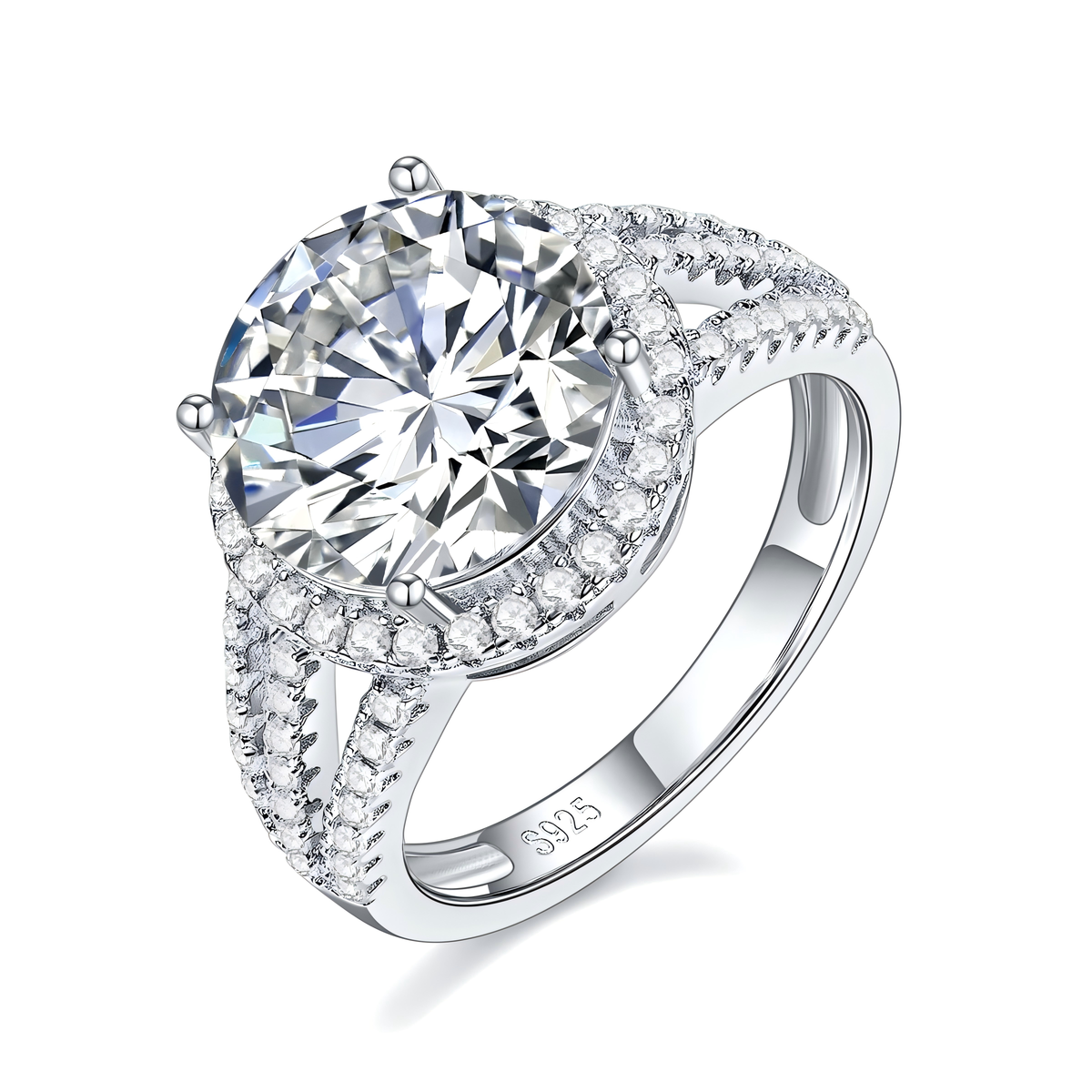 CARISSIE round moissanite pavé ring, angled view showing split shank band and S925 silver stamp