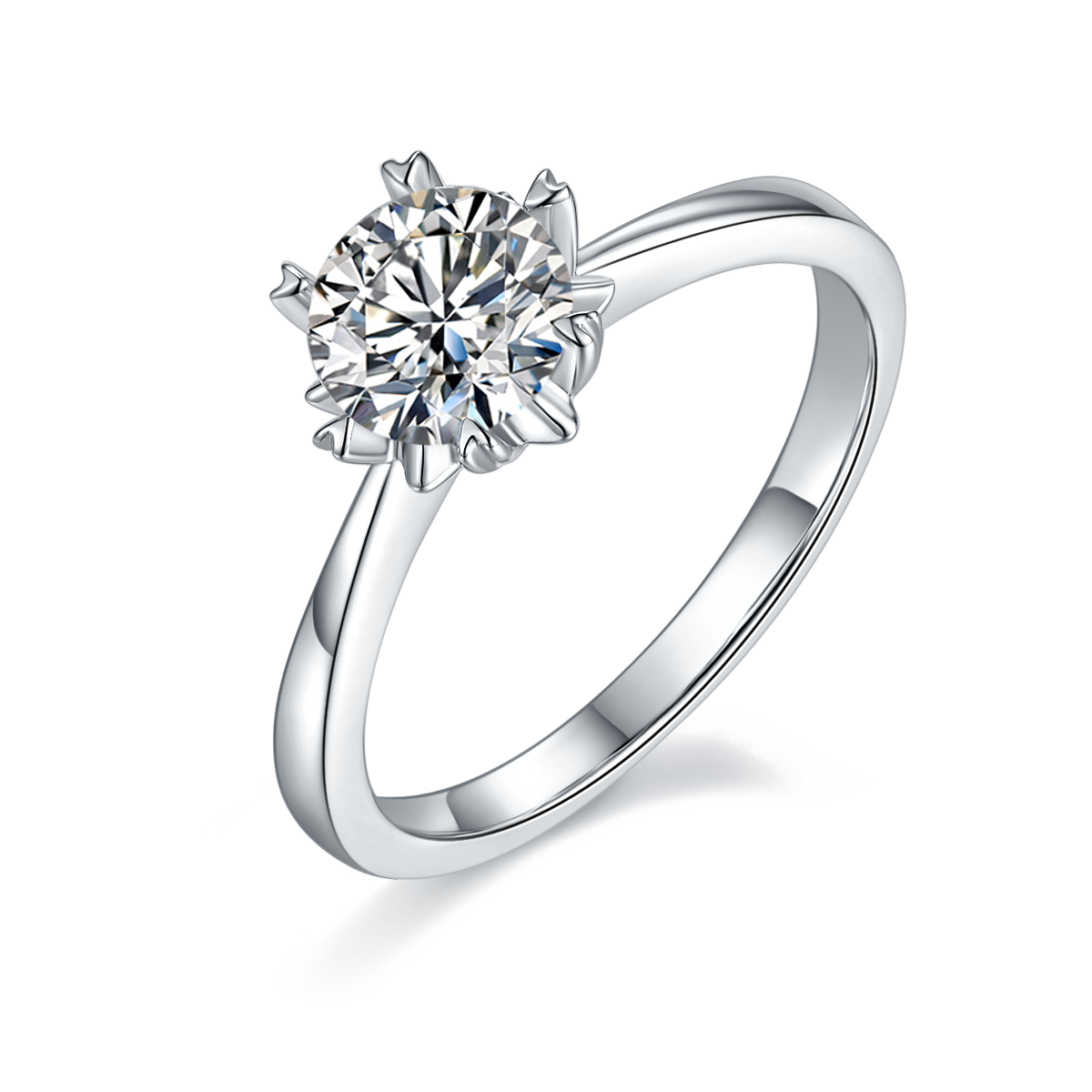 CARISSIE round moissanite solitaire ring, angled view highlighting the unique snowflake prong setting and polished silver band