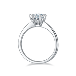 CARISSIE round moissanite solitaire ring, side profile showing the tapered band and elevated head of the silver-tone setting