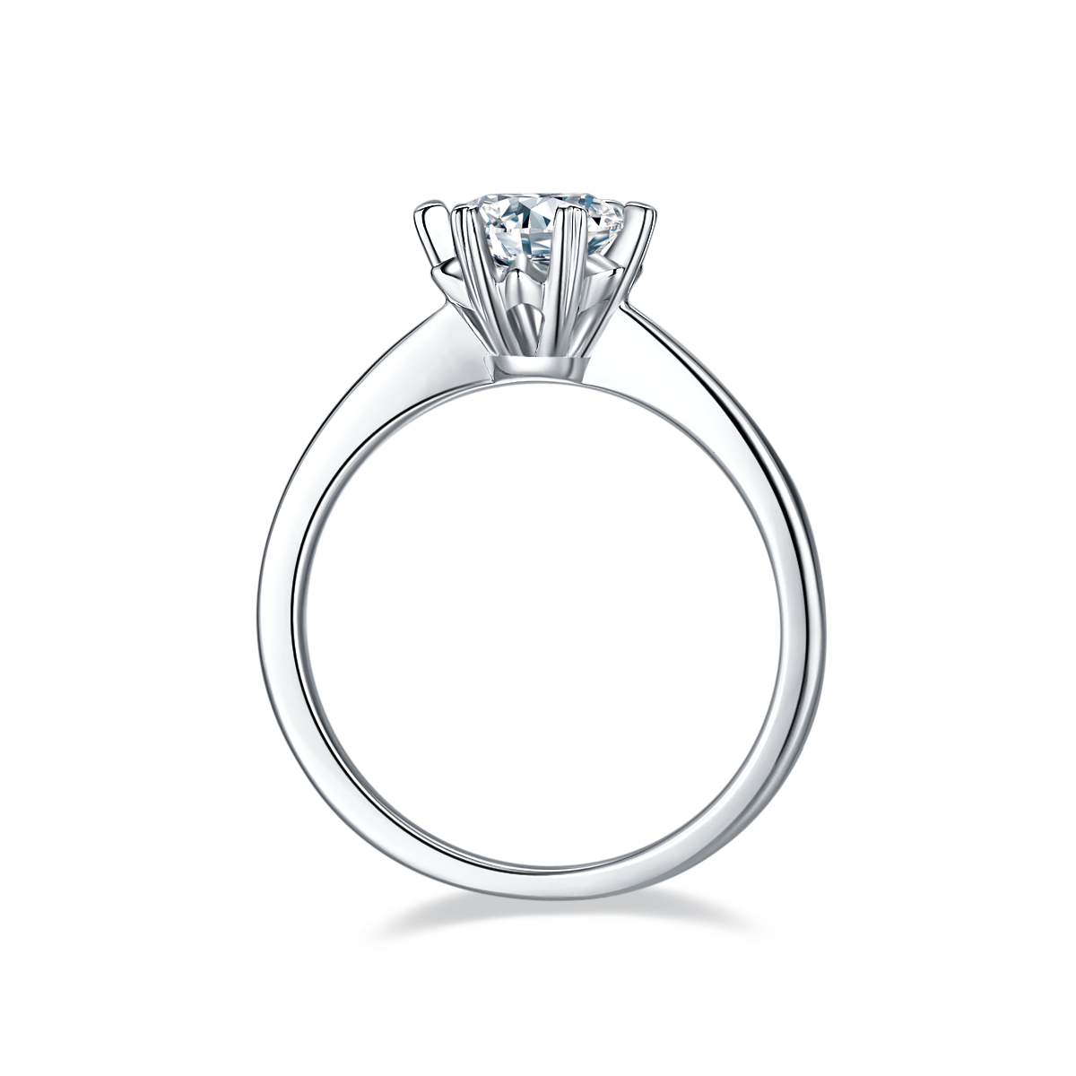 CARISSIE round moissanite solitaire ring, side profile showing the tapered band and elevated head of the silver-tone setting