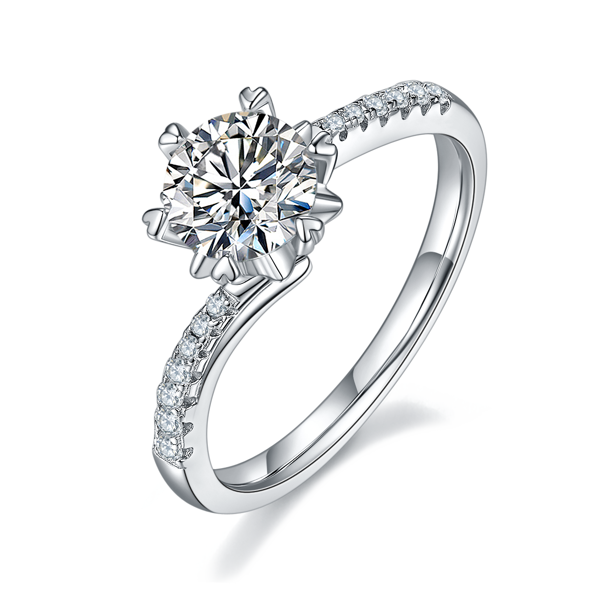 CARISSIE round moissanite solitaire ring, angled view showing split shank band with pavé diamonds and high four-prong setting