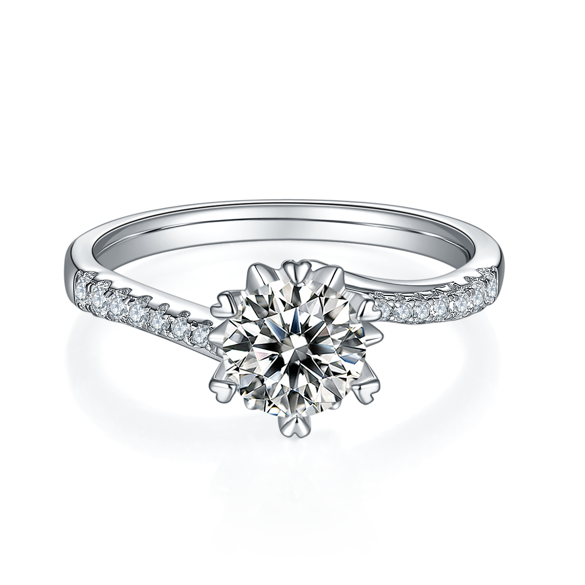 CARISSIE round moissanite solitaire ring, top-down view highlighting the brilliant cut center stone and symmetrical pave details