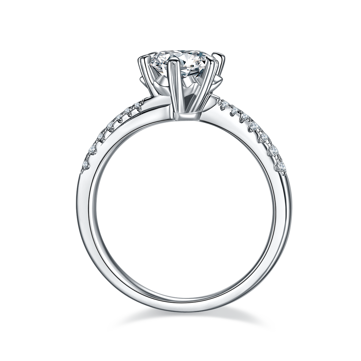 CARISSIE round moissanite solitaire ring, side profile showing the open gallery and pavé stones extending halfway down the band