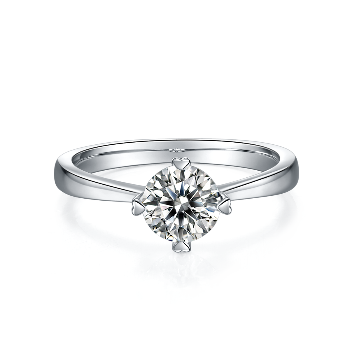 CARISSIE round moissanite solitaire ring, top-down perspective displaying brilliant cut facets and four-prong setting