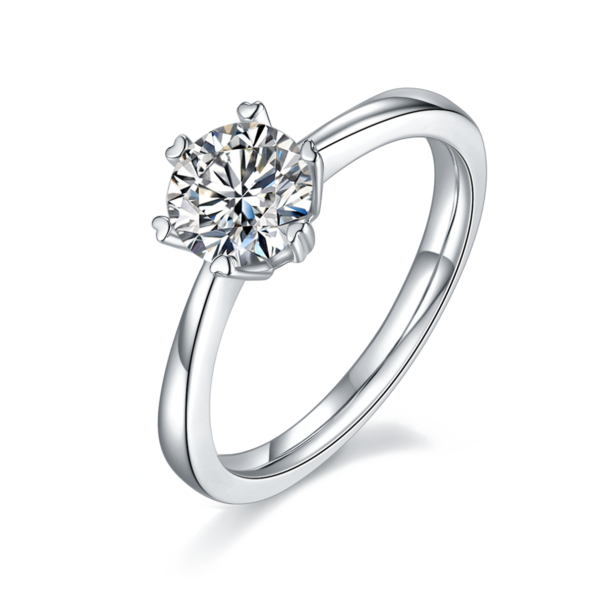 CARISSIE round moissanite solitaire ring, angled view highlighting the six-prong setting and polished silver-tone band