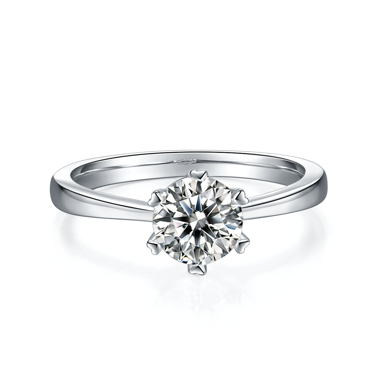 CARISSIE round moissanite solitaire ring, top-down perspective showing the brilliant-cut center stone and smooth metal shank