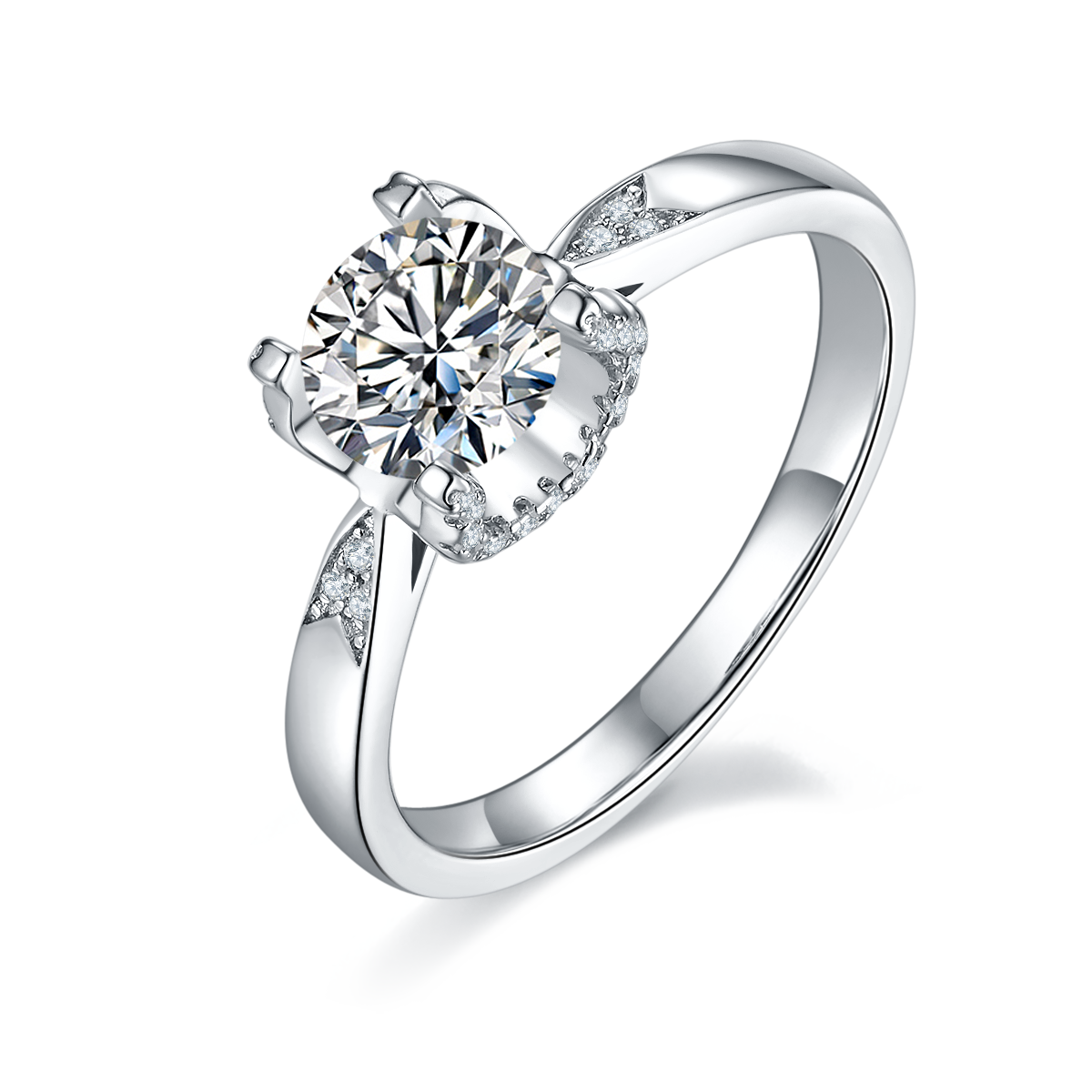 CARISSIE round moissanite solitaire ring, angled view showing split shank band with pavé accents and halo setting