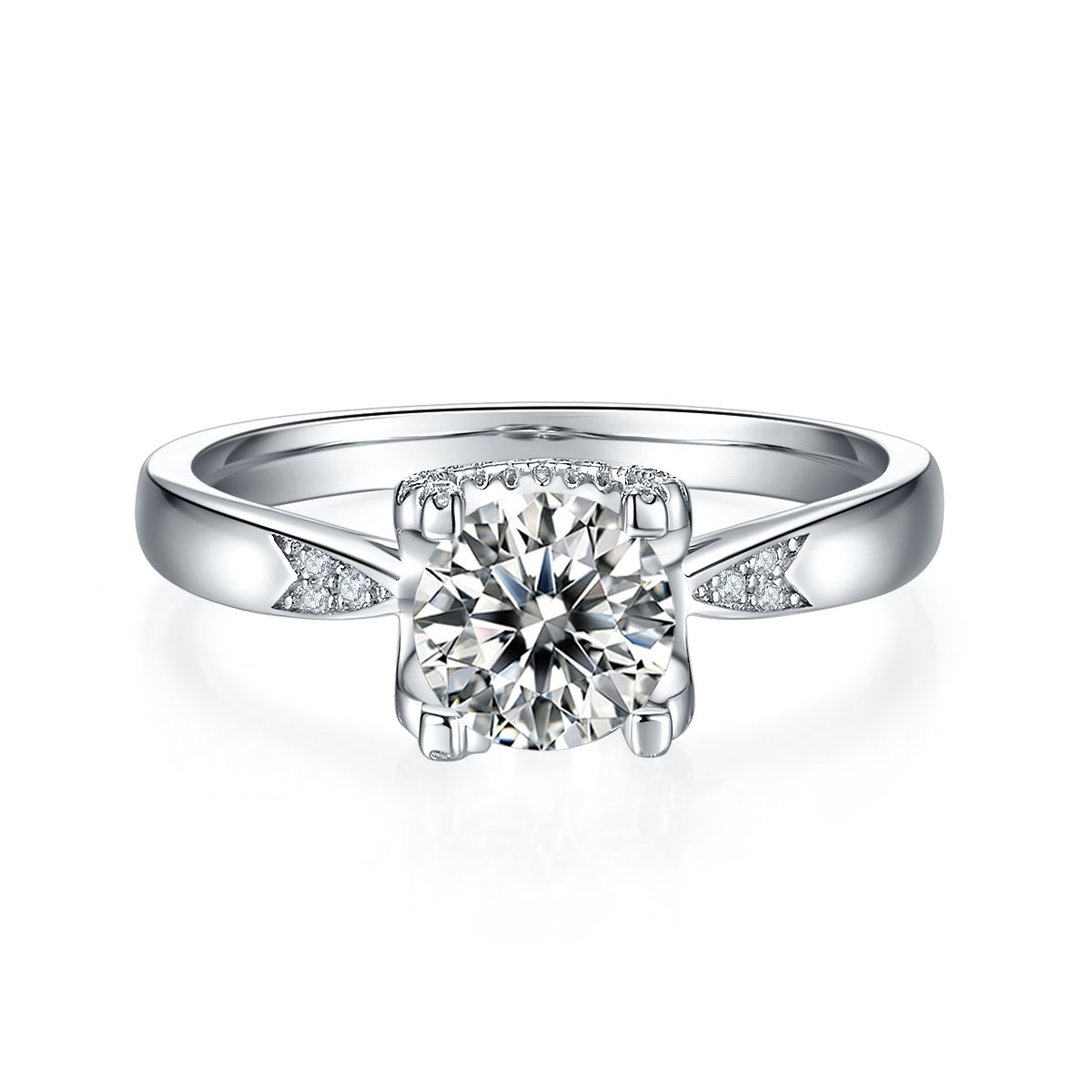CARISSIE round moissanite solitaire ring, front view highlighting brilliant center stone in four-prong silver-tone setting
