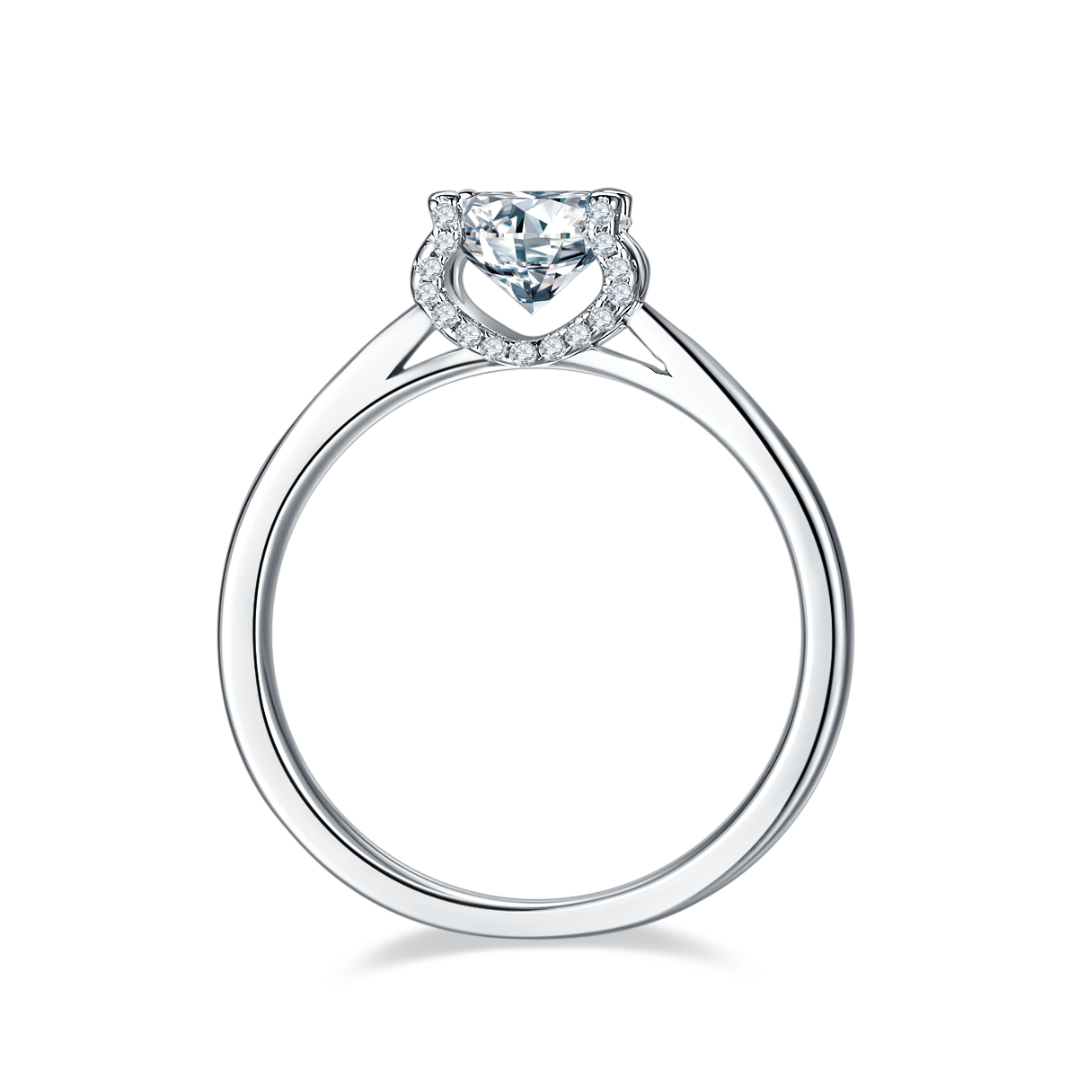 CARISSIE round moissanite solitaire ring, top-down angle displaying circular band shape and diamond halo around center