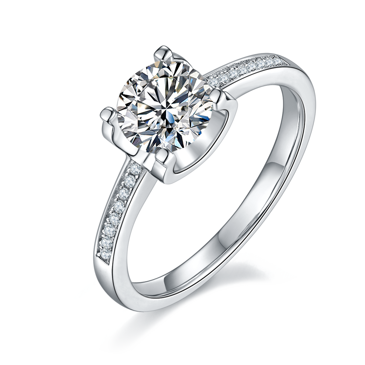 CARISSIE round moissanite solitaire ring, angled view showing brilliant center stone and pavé shoulder details