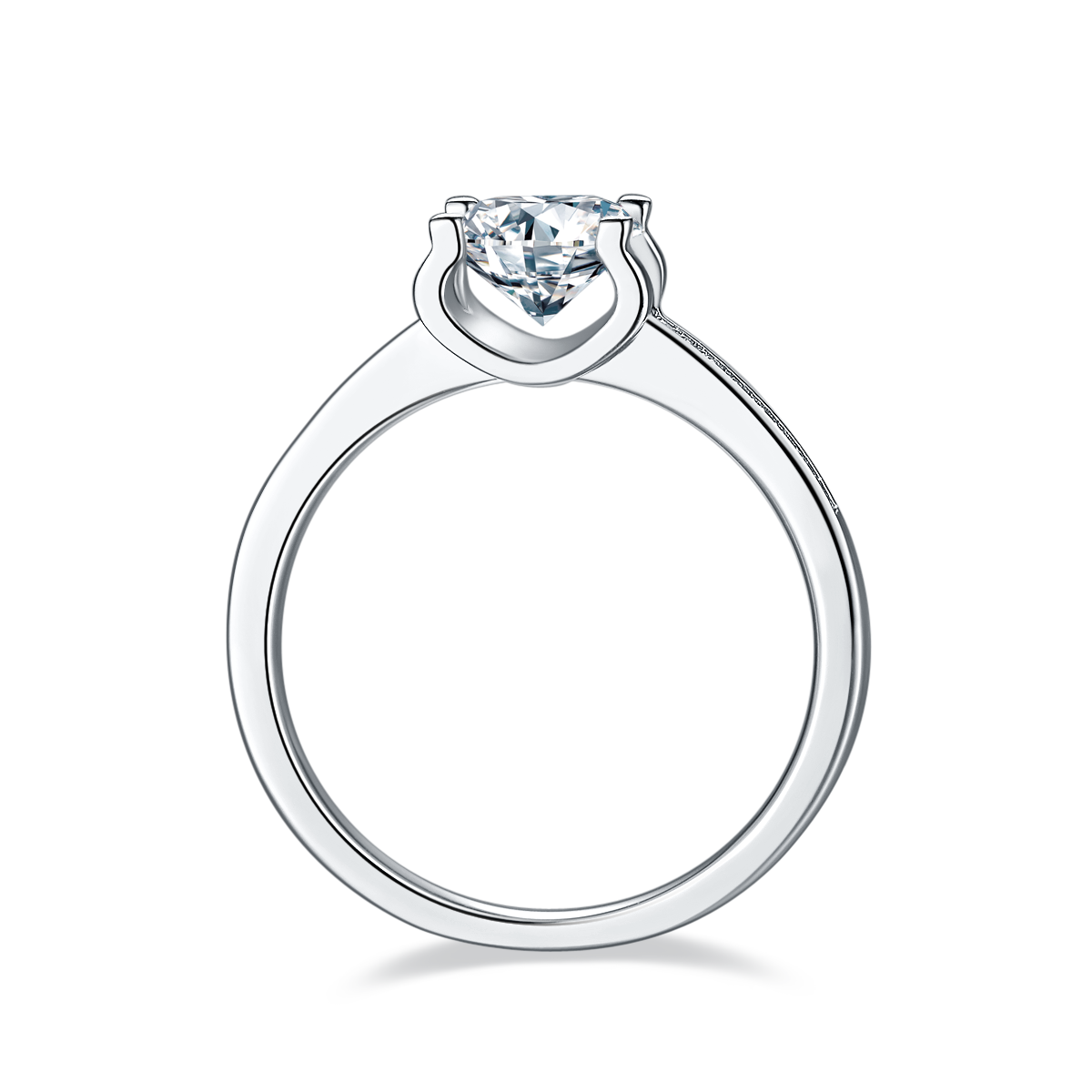 CARISSIE round moissanite solitaire ring, top-down view displaying the polished silver-tone band and inner circle