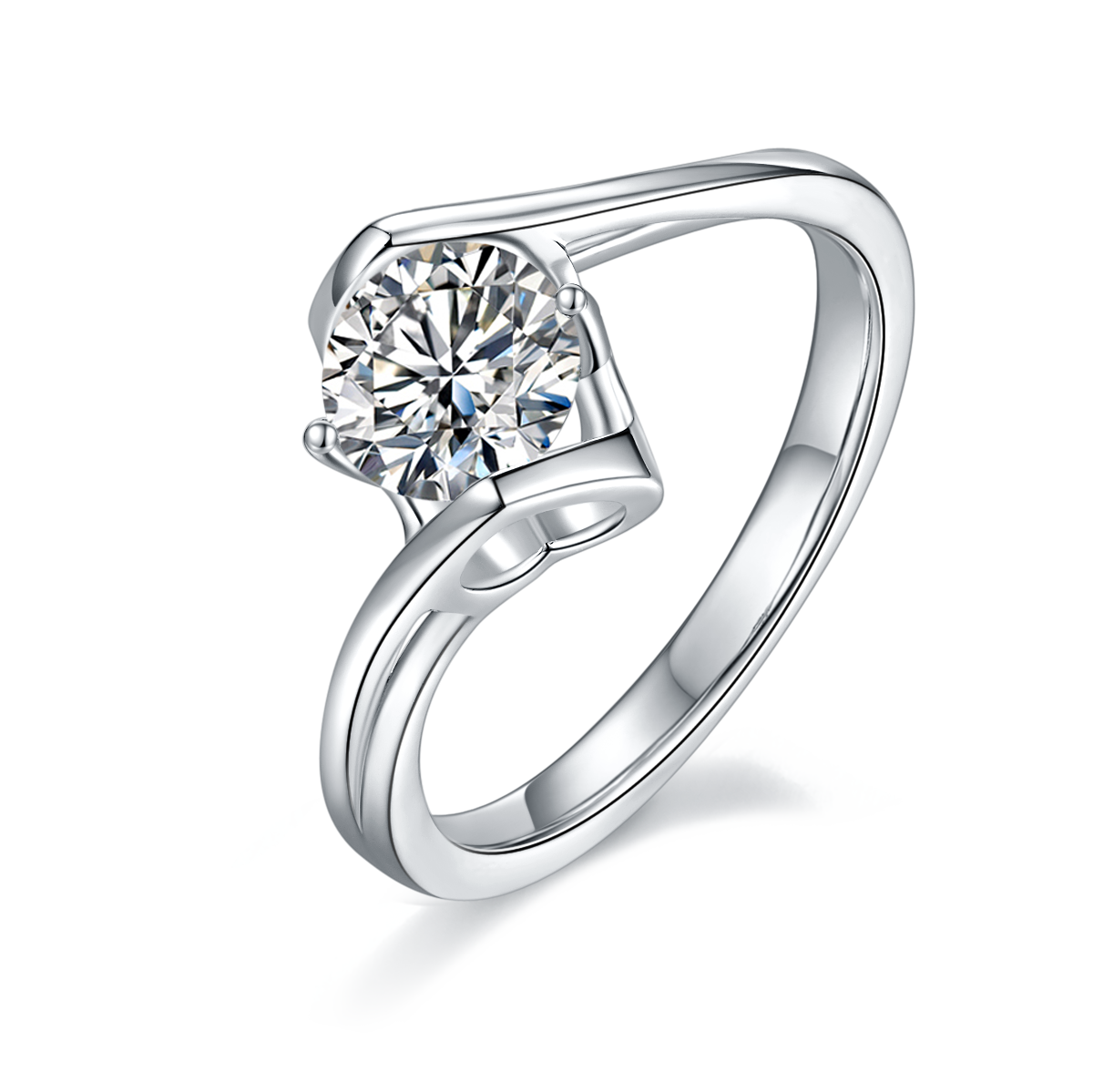 CARISSIE round moissanite tension ring, angled view highlighting the split band design and brilliant-cut center stone