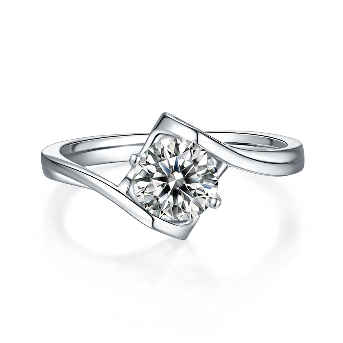 CARISSIE round moissanite engagement ring, top-down perspective showing the open setting and polished silver-tone finish