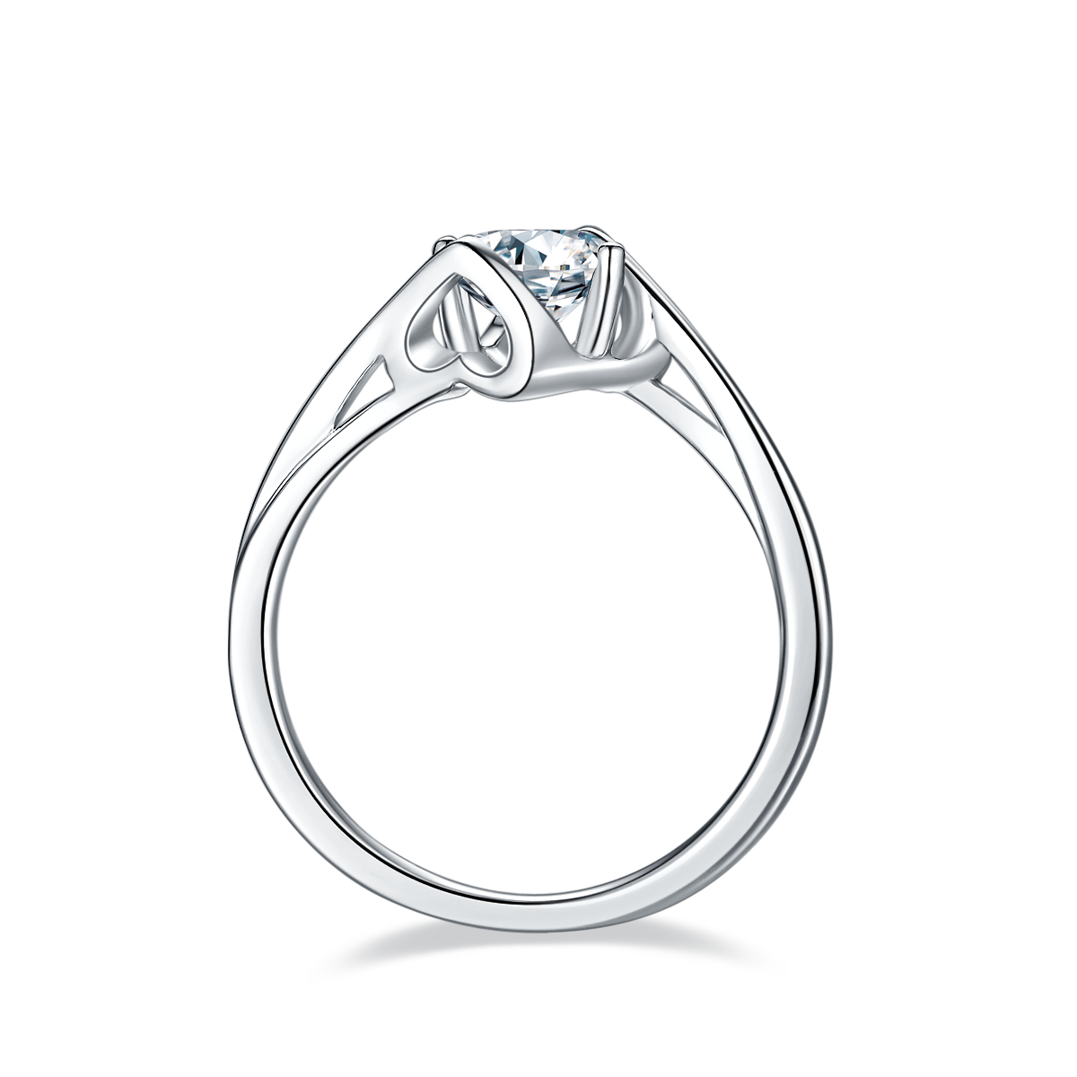 CARISSIE round moissanite solitaire ring, side profile displaying the curved shank and unique tension-style metalwork