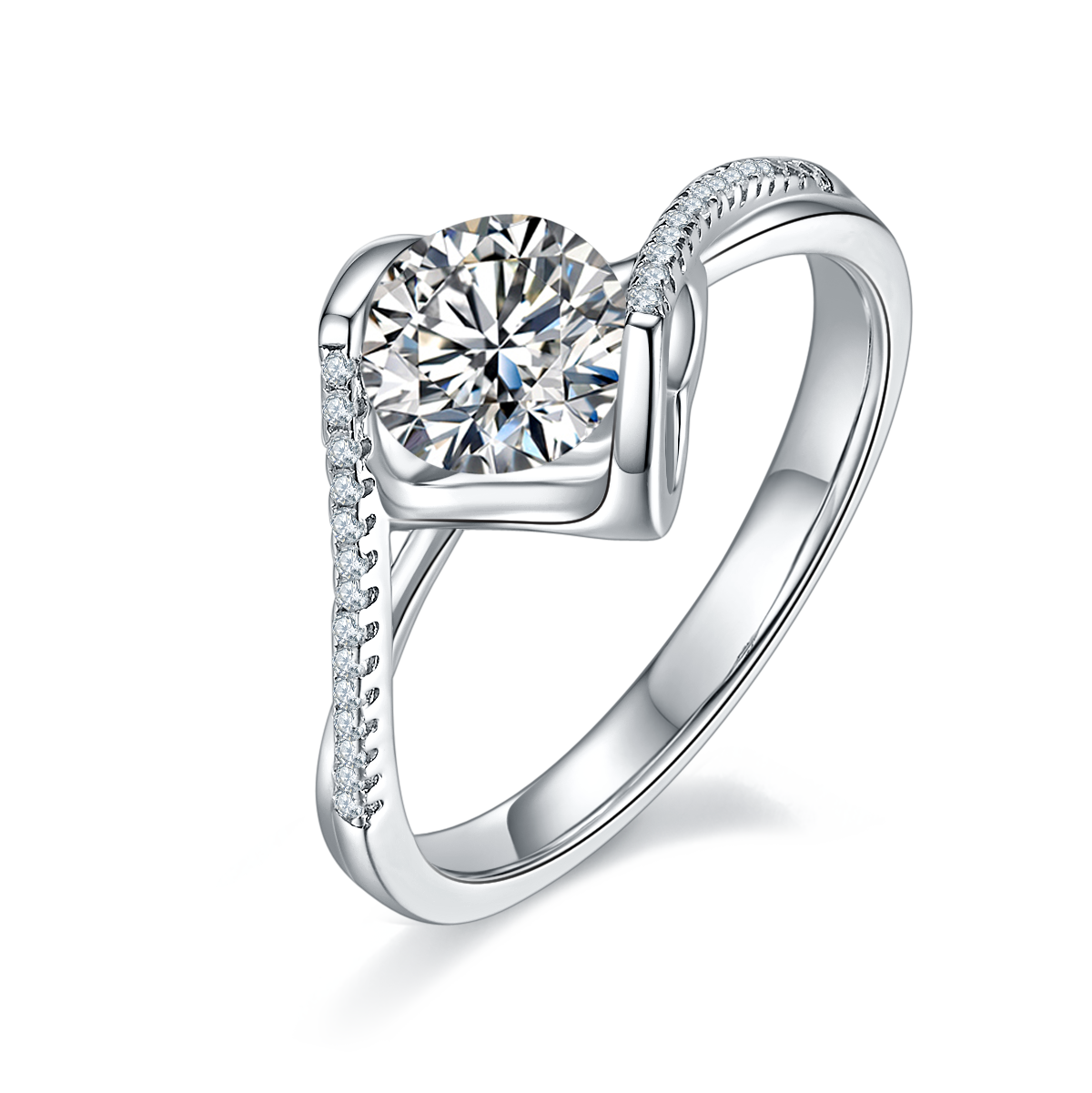 CARISSIE round moissanite bezel ring, angled view highlighting the wave-like metal frame and pavé split shank band.