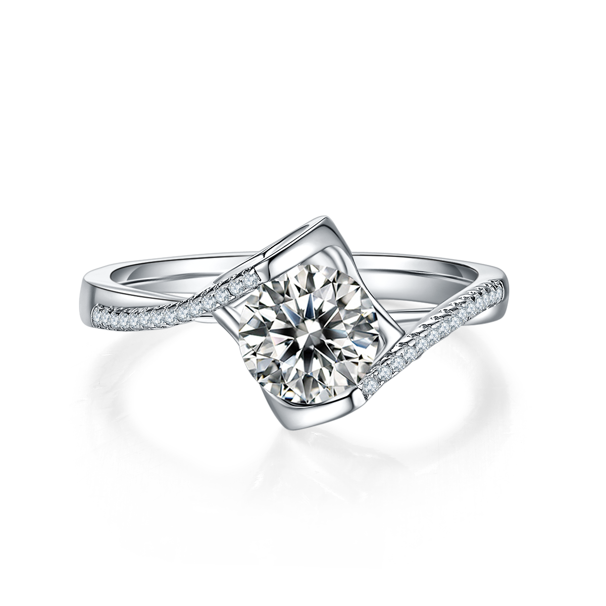 CARISSIE round moissanite bezel ring, top-down perspective showcasing the geometric setting and brilliant center stone.