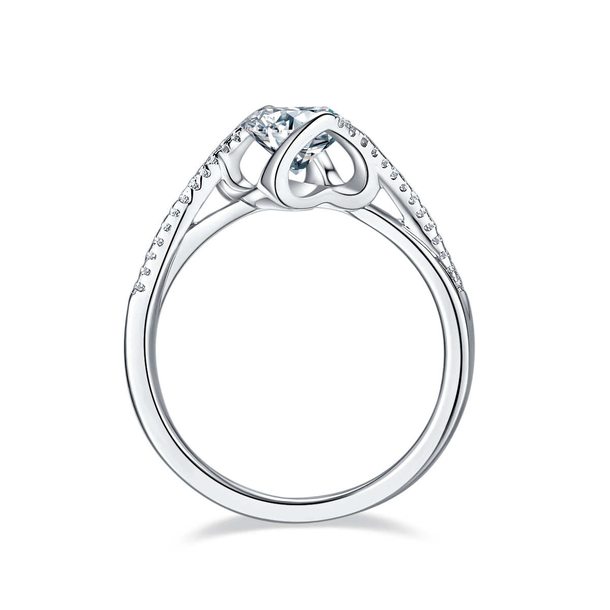 CARISSIE round moissanite bezel ring, side profile revealing the open under-gallery design and smooth silver-tone finish.