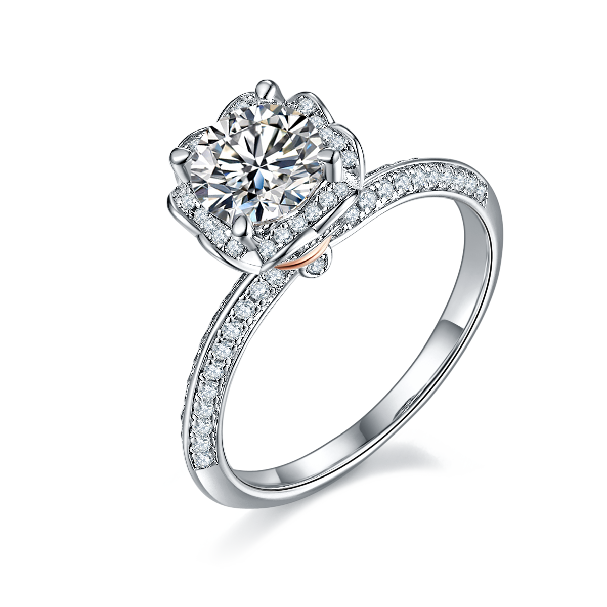 CARISSIE round moissanite halo ring, angled view highlighting the split shank band and rose gold accent at the base.
