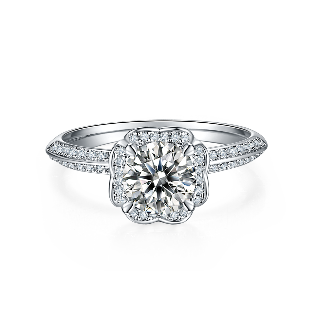 CARISSIE round moissanite halo ring, direct front view showcasing the flower-shaped halo and pavé-set split shank.