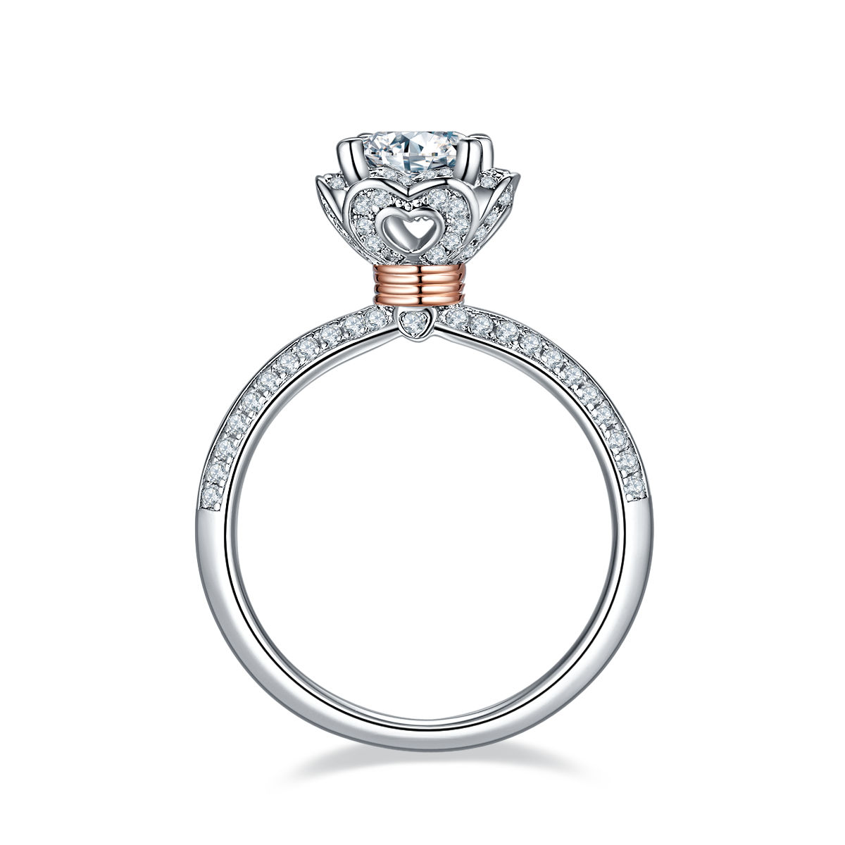 CARISSIE round moissanite halo ring, side profile revealing a heart-shaped cutout in the gallery and rose gold wrapping.