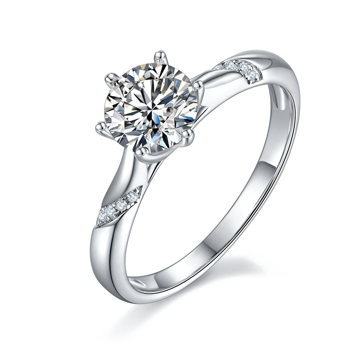 CARISSIE round moissanite solitaire ring, angled view showing split shank band with pavé accents and brilliant center stone