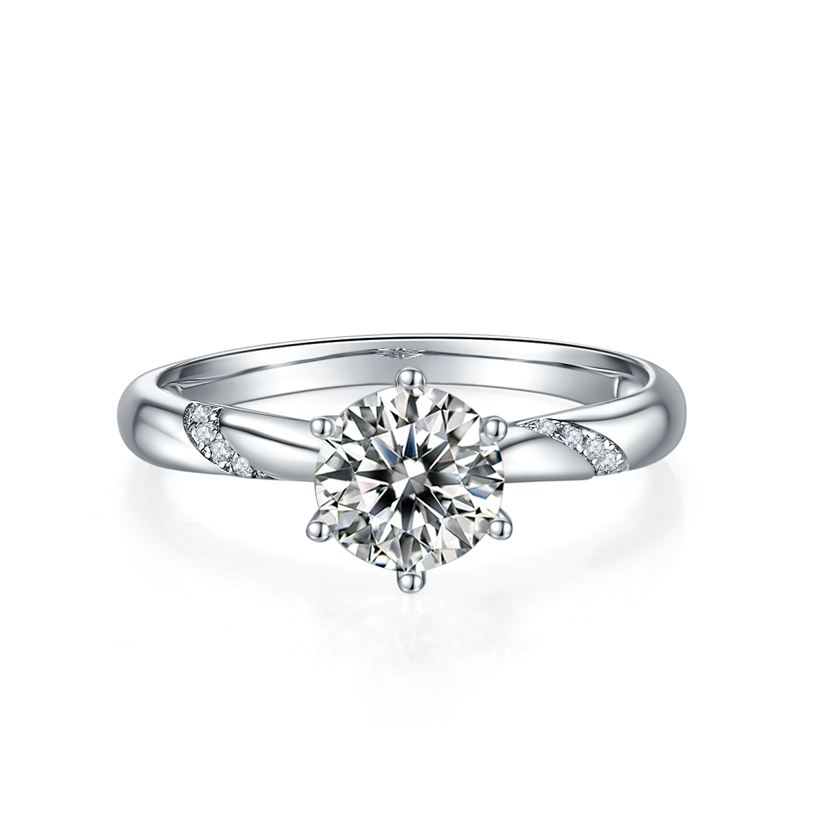 CARISSIE round moissanite solitaire ring, front view highlighting six-prong setting and polished silver-tone metal finish