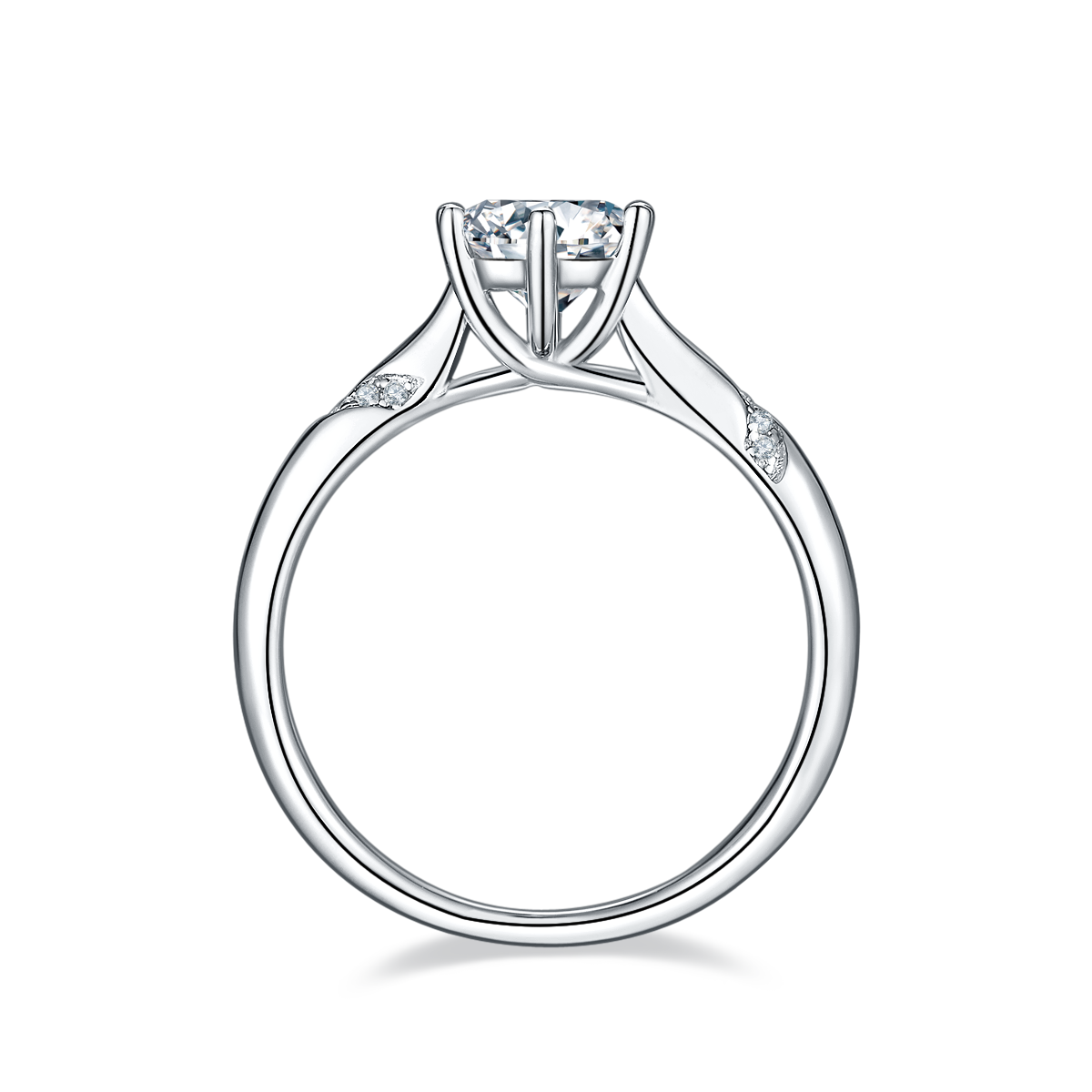 CARISSIE round moissanite solitaire ring, top-down view displaying the elegant arch of the split shank and prong details
