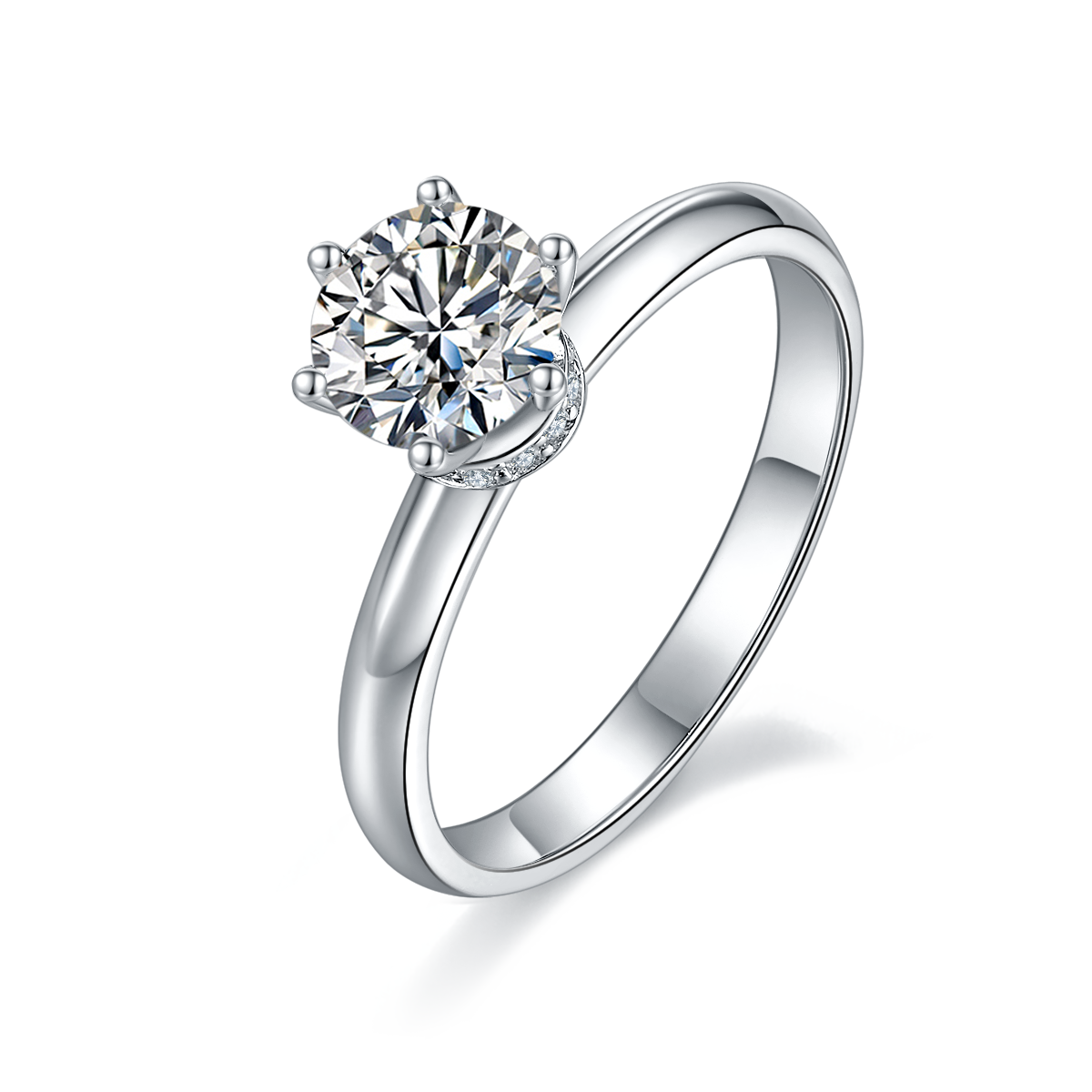 CARISSIE round moissanite solitaire ring, angled view highlighting the split-shank band and pavé basket details