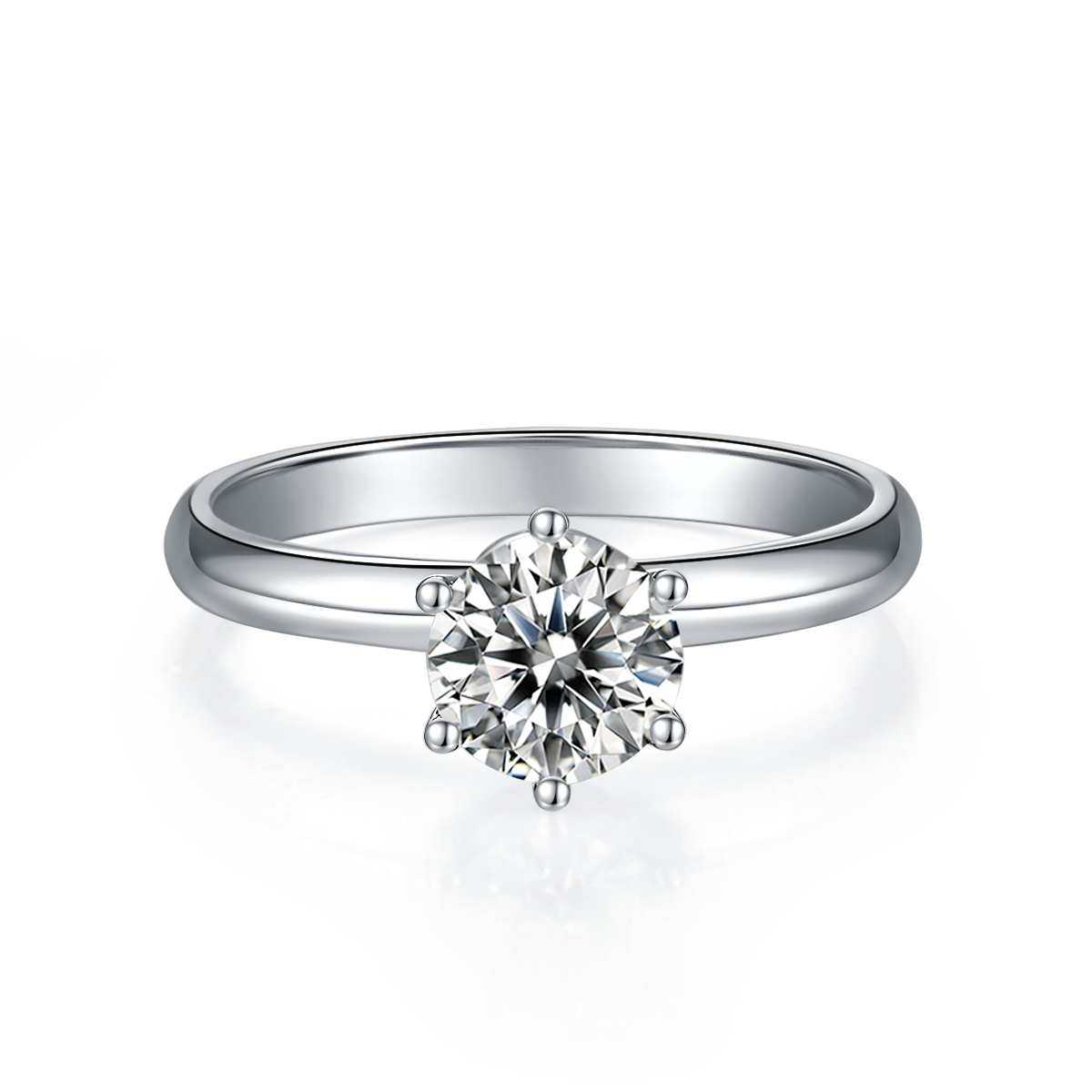 CARISSIE round moissanite solitaire ring, front view displaying the brilliant center stone in a six-prong setting