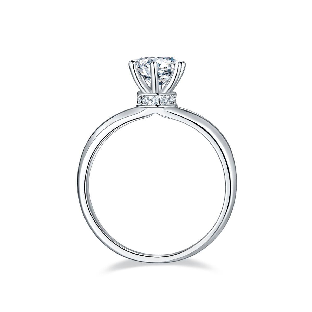 CARISSIE round moissanite solitaire ring, side profile showing the gallery rail accent stones and prong structure