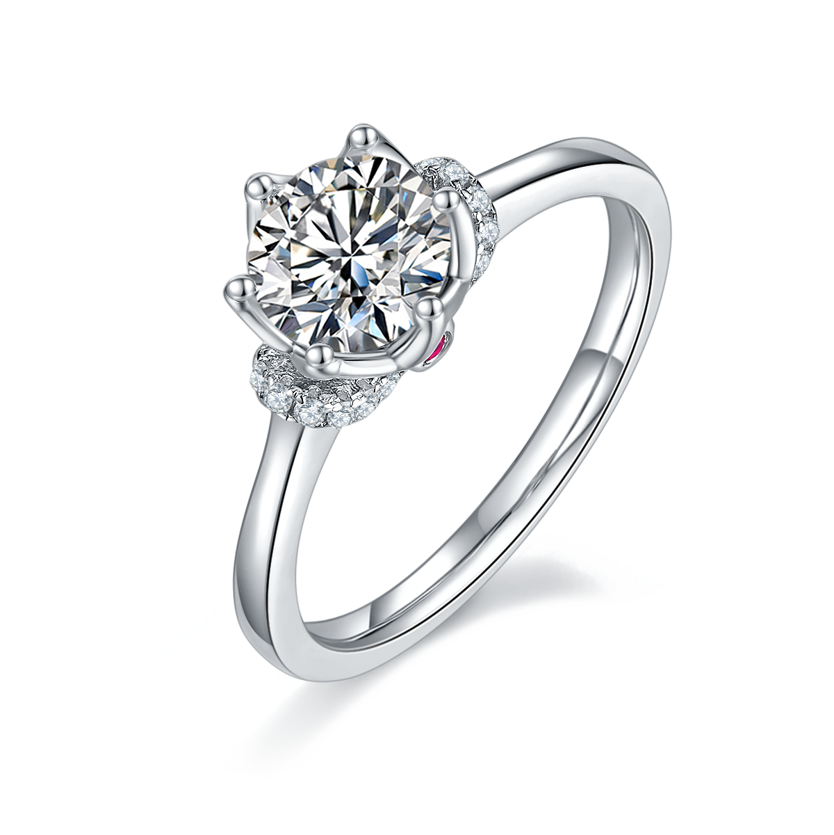 CARISSIE round moissanite solitaire ring, angled view highlighting six-prong setting and hidden pink stone detail