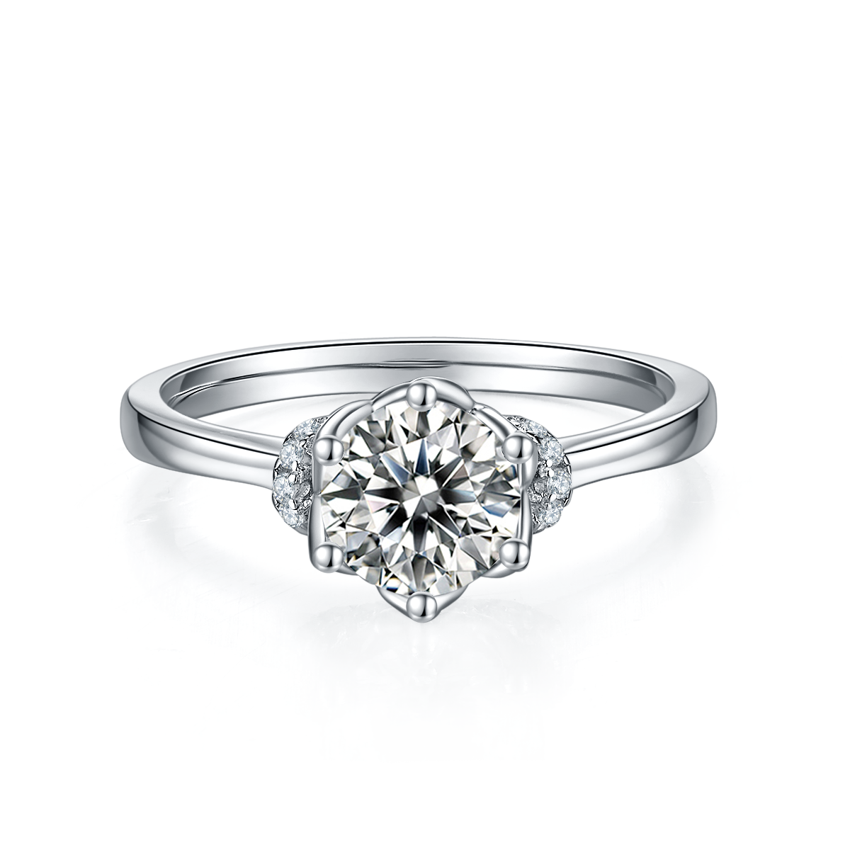 CARISSIE round moissanite solitaire ring, direct front view showing split shank band and side accent stones
