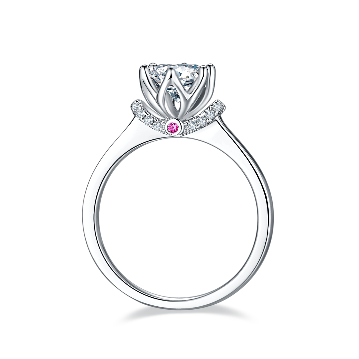 CARISSIE round moissanite solitaire ring, side profile revealing inner gallery structure and small pink gemstone