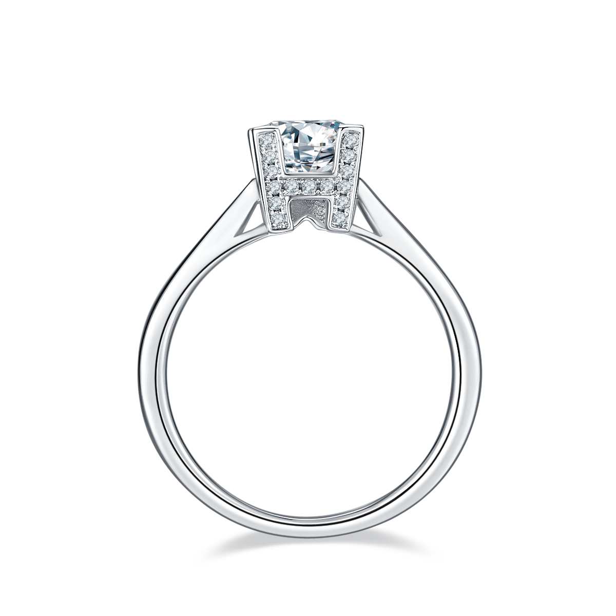 CARISSIE round moissanite solitaire ring, top-down perspective revealing the full circular shank and the unique H-set diamond head