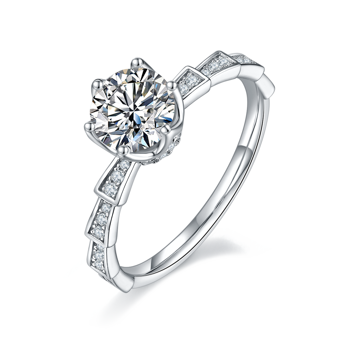 CARISSIE round moissanite solitaire ring, angled view highlighting Art Deco geometric band segments and channel-set accent stones