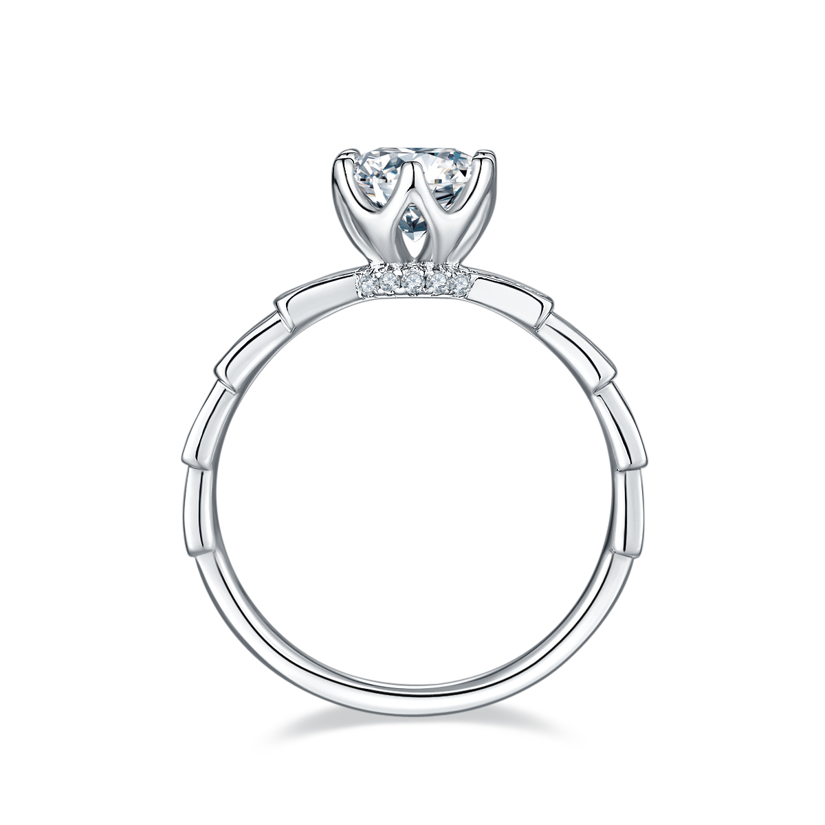 CARISSIE round moissanite solitaire ring, top-down perspective revealing the segmented shank design and smooth inner band finish