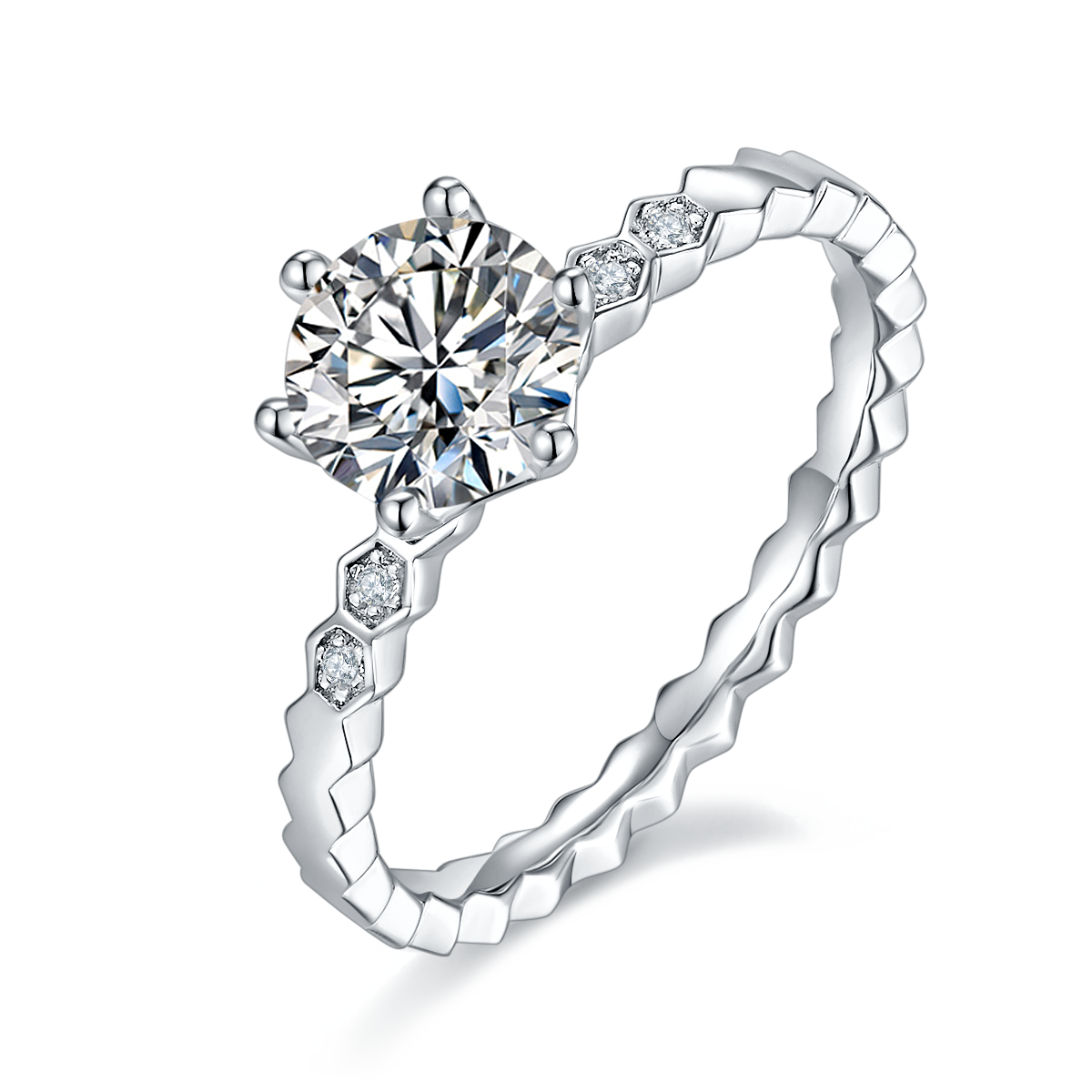 CARISSIE round moissanite solitaire ring, angled view highlighting the geometric honeycomb band and hexagonal side stones