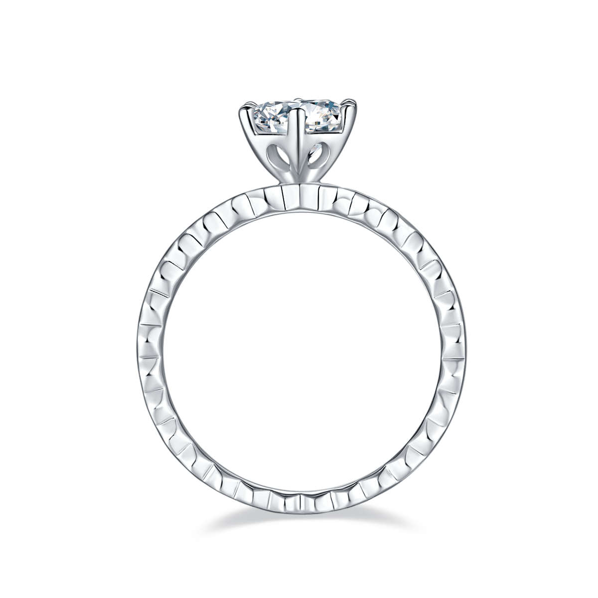 CARISSIE round moissanite solitaire ring, top-down view displaying the continuous faceted pattern along the silver shank