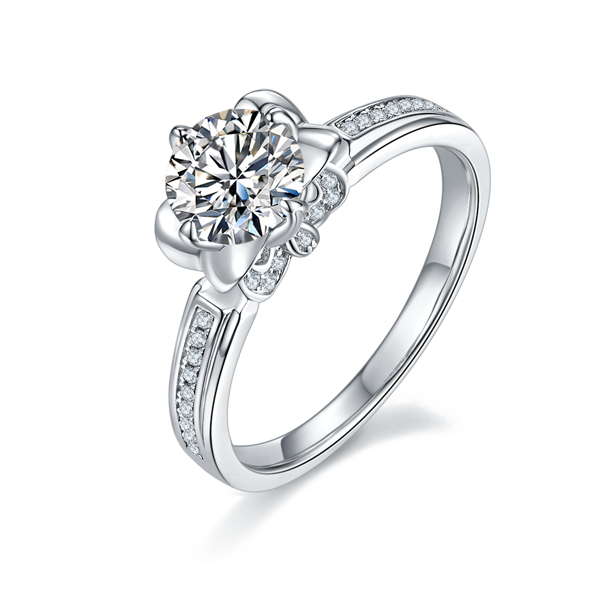 CARISSIE round moissanite solitaire ring, angled view highlighting channel-set shoulder stones and polished silver band