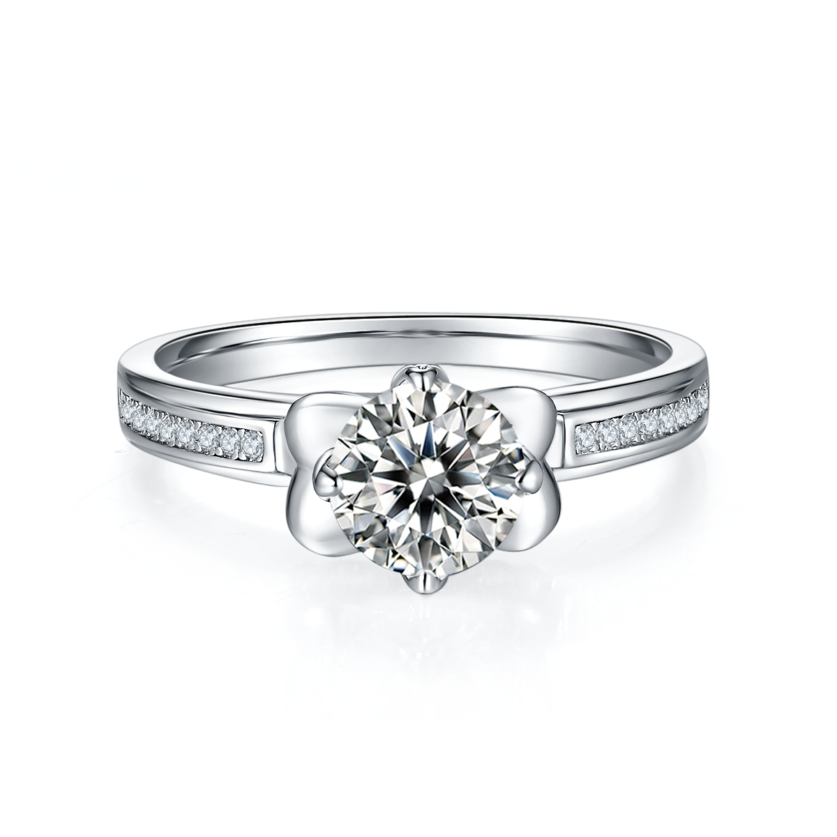 CARISSIE round moissanite solitaire ring, top-down perspective showing the brilliant center stone and floral prong setting