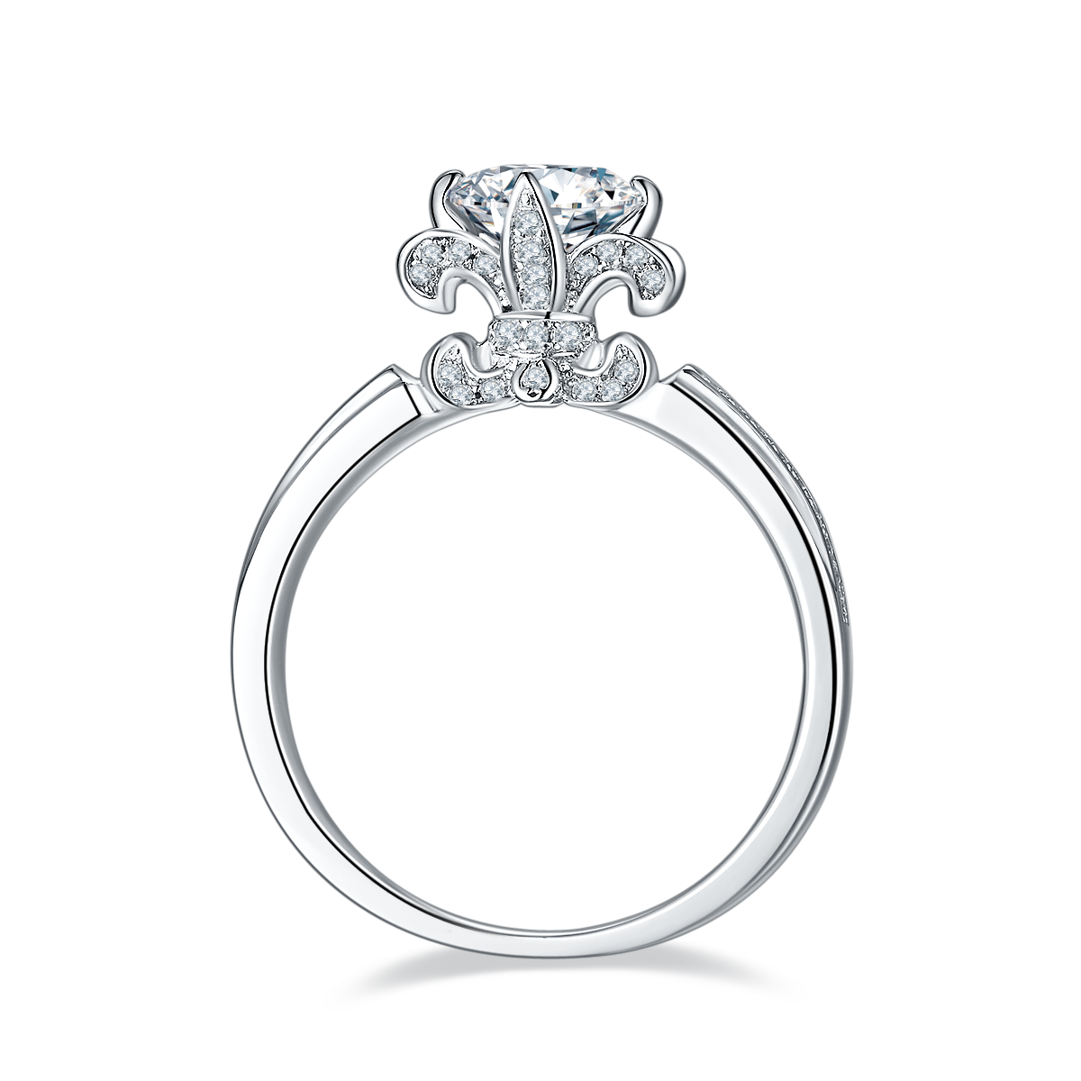 CARISSIE round moissanite solitaire ring, gallery view revealing the unique pavé-set fleur-de-lis motif beneath the head