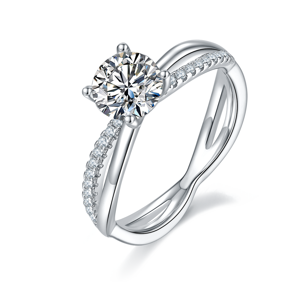 CARISSIE round moissanite solitaire ring, angled view showing split shank band with pavé accents and brilliant center stone
