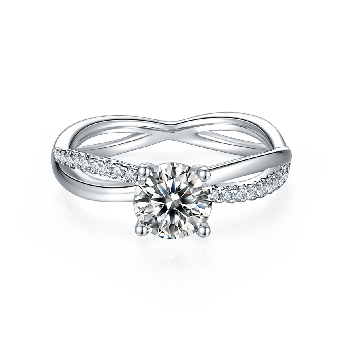 CARISSIE round moissanite solitaire ring, top-down view displaying the four-prong setting and symmetrical pavé detailing on the band