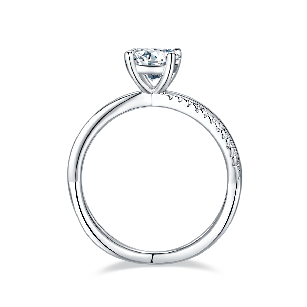 CARISSIE round moissanite solitaire ring, side profile highlighting the split shank design and row of accent stones along the band