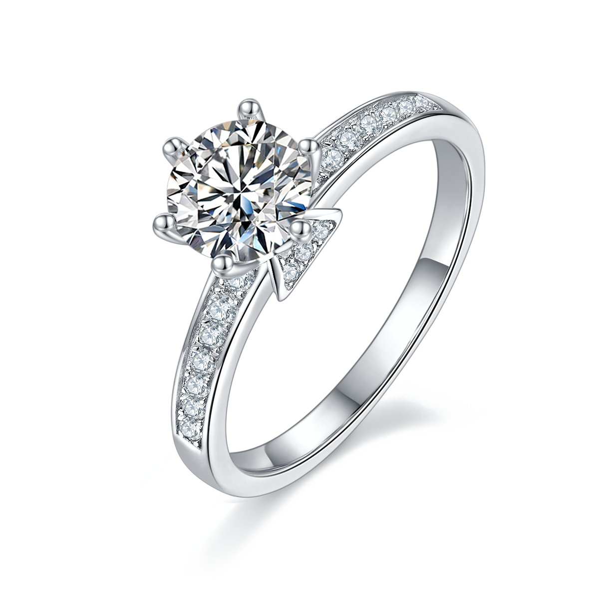 CARISSIE round moissanite solitaire ring, angled view showing six prongs and pavé stones on the V-shaped gallery