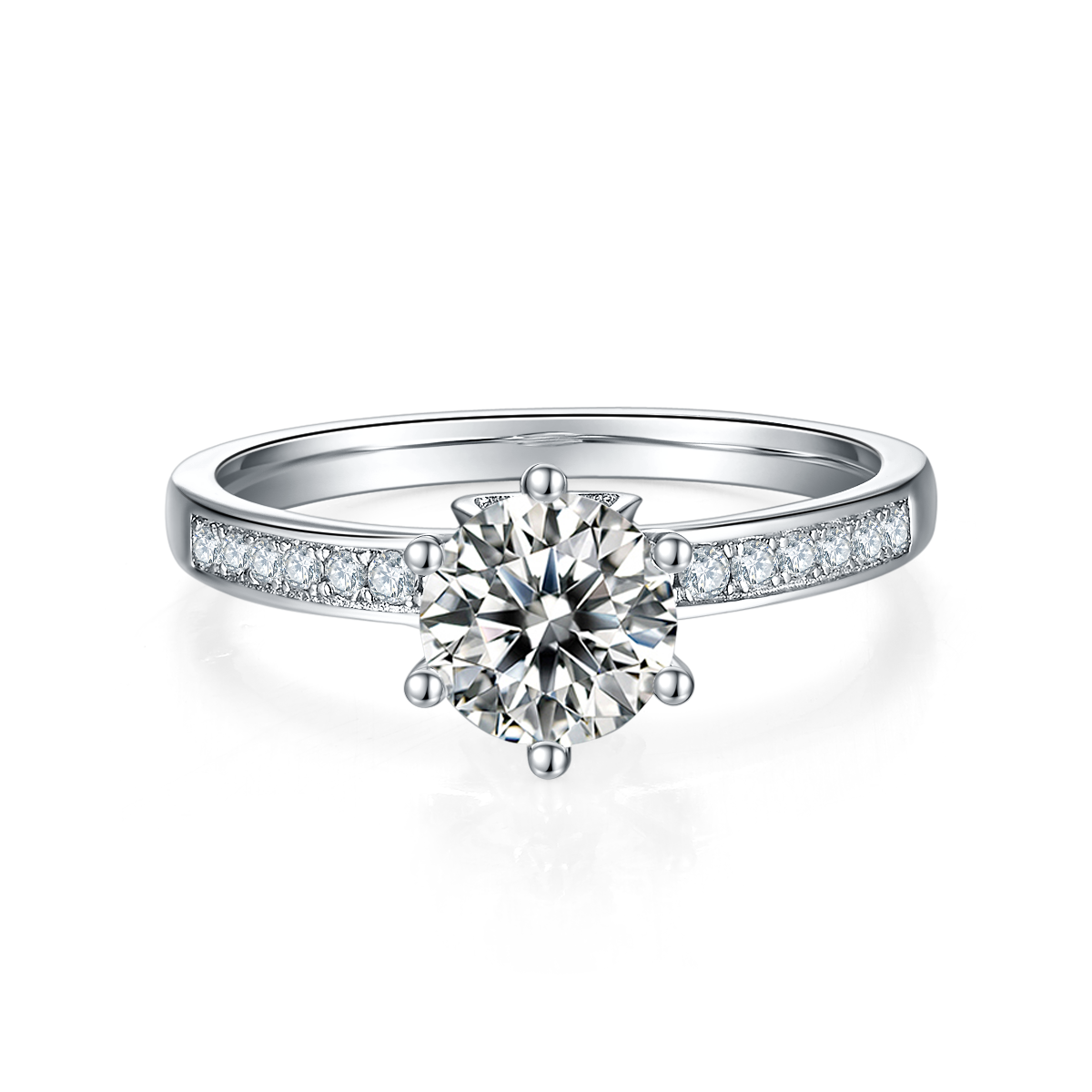 CARISSIE round moissanite solitaire ring, front view highlighting the brilliant center stone and channel-set band shoulders
