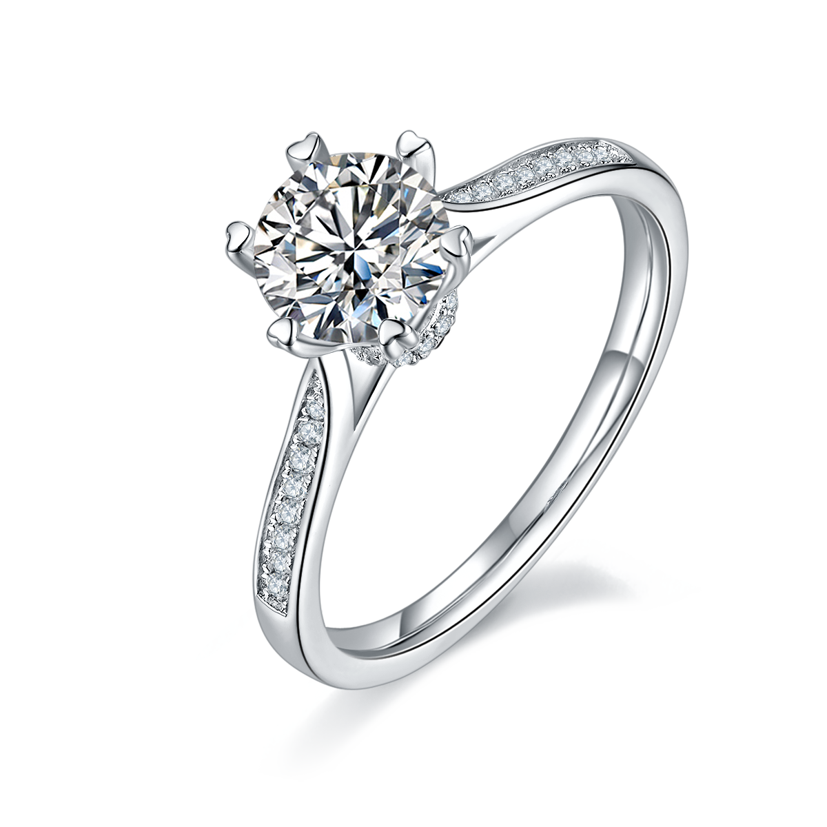 CARISSIE round moissanite solitaire ring, angled view highlighting split shank with pave accents and heart-shaped prong tips